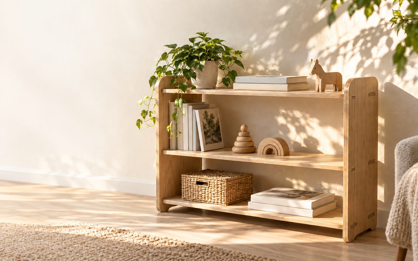 Kệ gỗ Plywood trong góc nhà ngập ánh nắng, bên cạnh cây xanh và sách