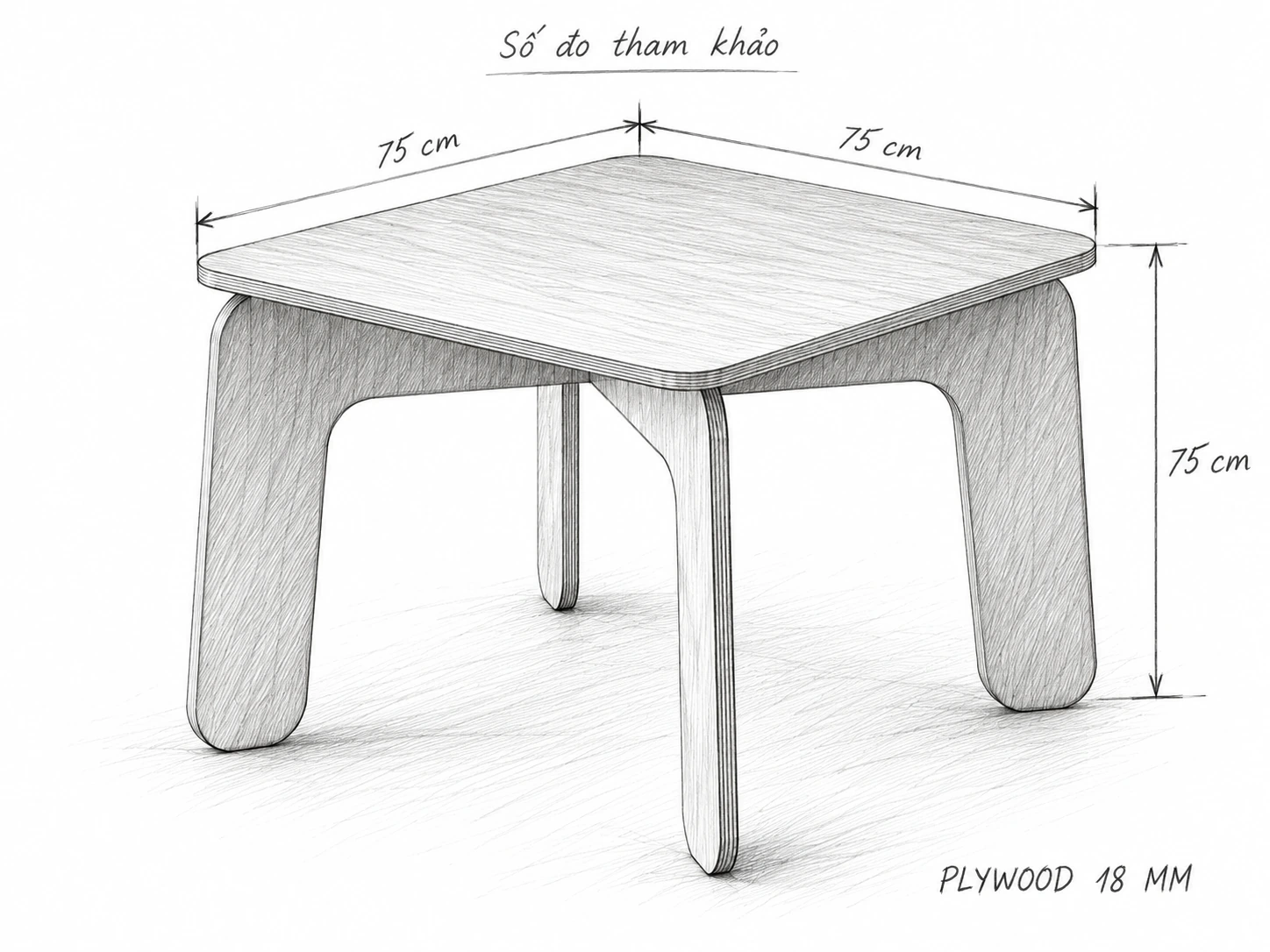 Phác thảo bút chì bàn ăn vuông, số đo tham khảo 75 × 75 × 75 cm