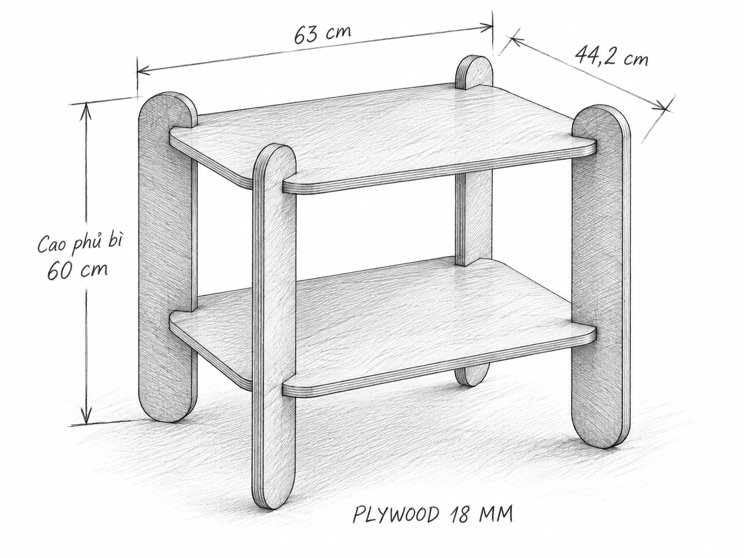 Phác thảo bàn bên sofa 2 tầng, phủ bì 63 × 44,2 × 60 cm