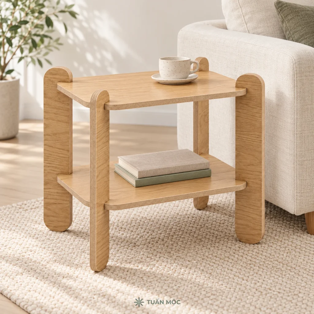 Bàn bên sofa 2 tầng màu Sồi đặt cạnh ghế trong phòng khách, có ly nước và sách