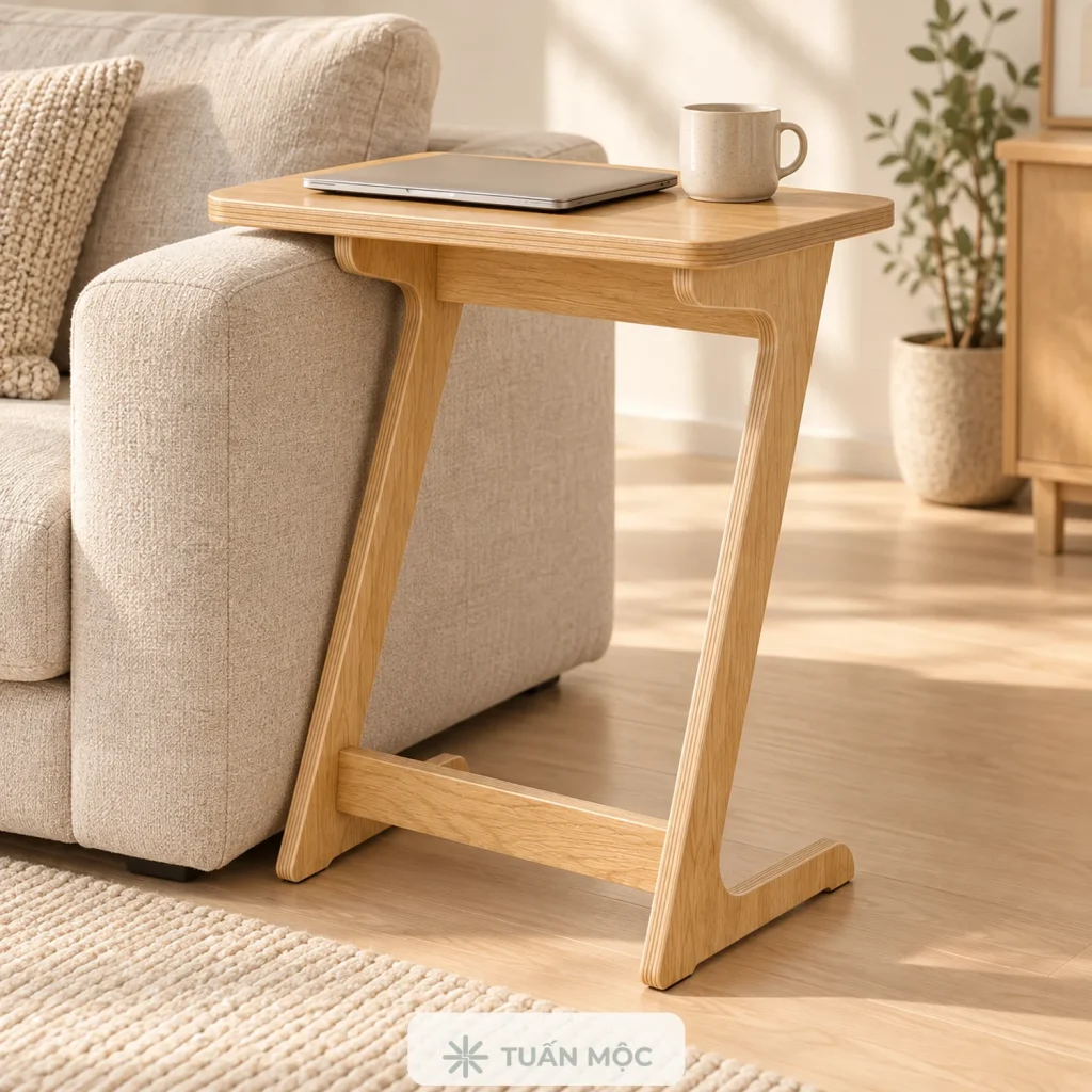 Bàn cạnh sofa màu Sồi đặt bên ghế với laptop và cốc nước