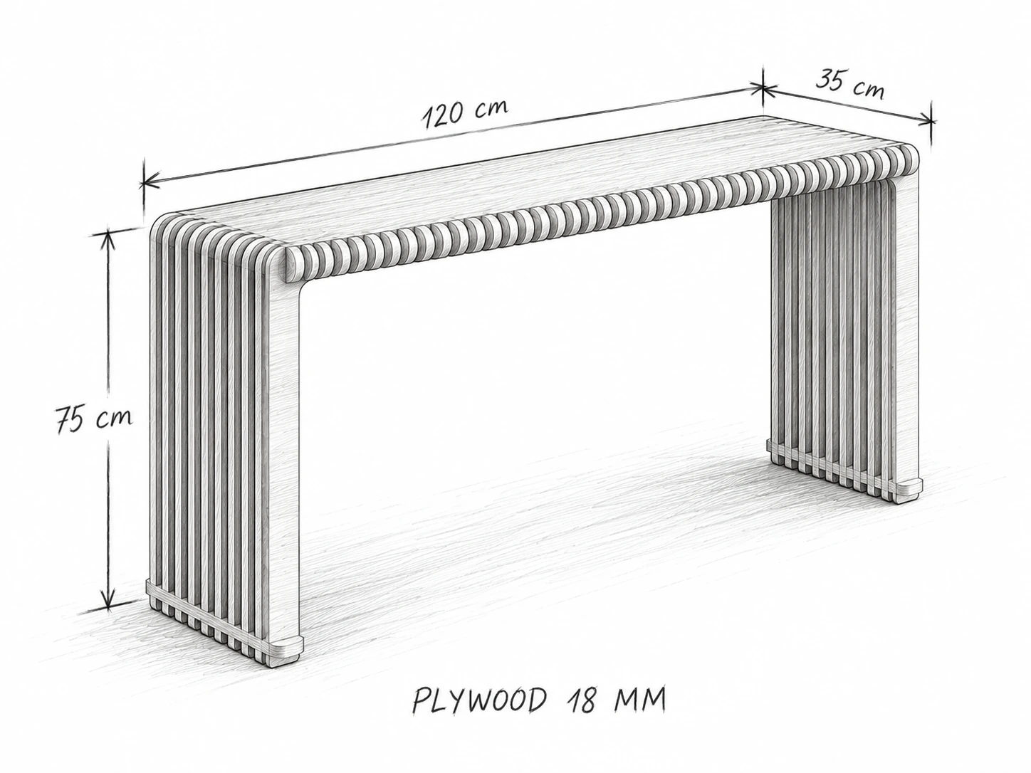 Phác thảo bút chì bàn console chân nan gỗ, ngang 120 cm, sâu 35 cm, cao 75 cm