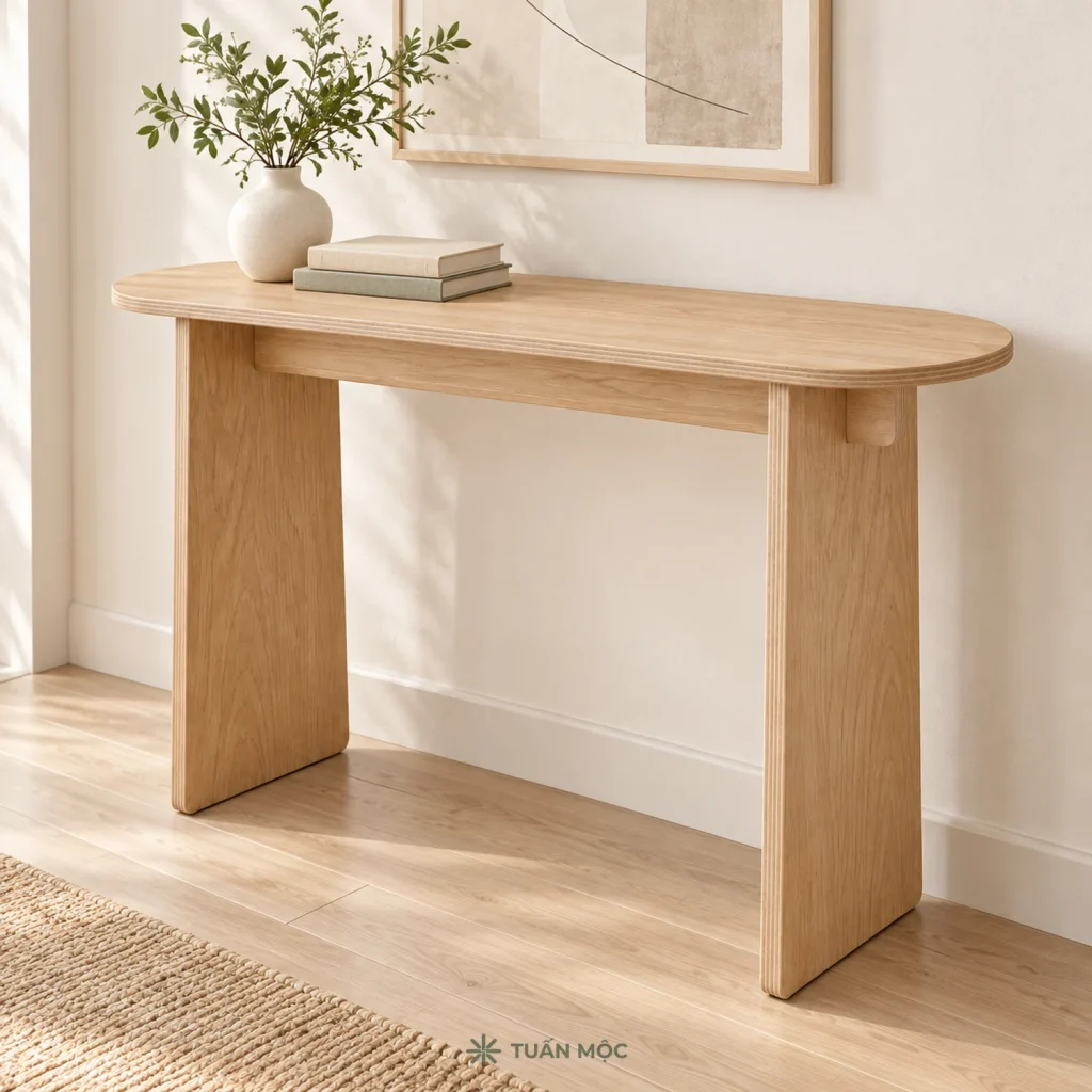 Bàn console mặt oval màu Sồi đặt dọc tường hành lang, có sách và bình hoa trang trí