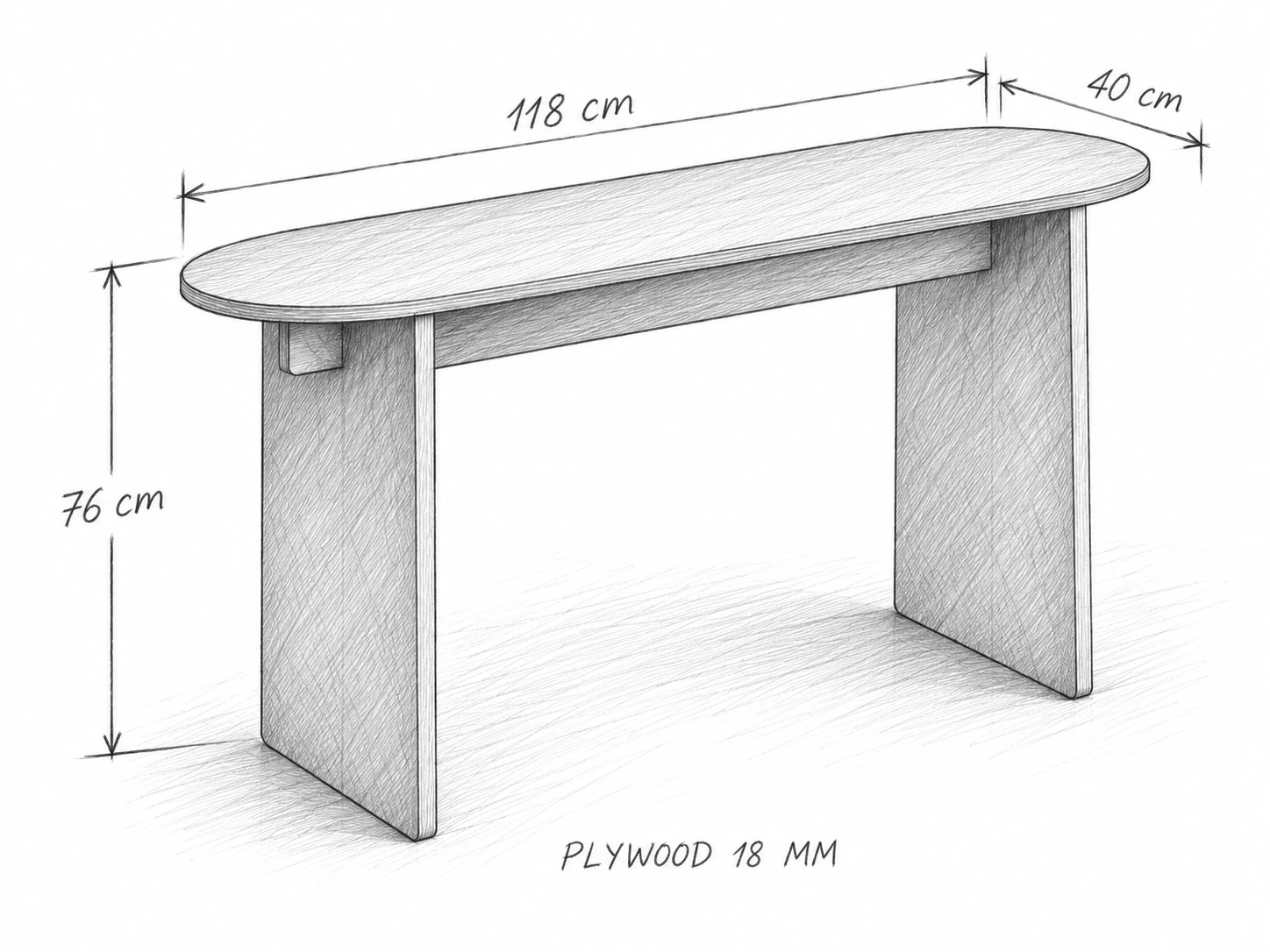Phác thảo bàn console mặt oval dài 118 cm, sâu 40 cm, cao 76 cm