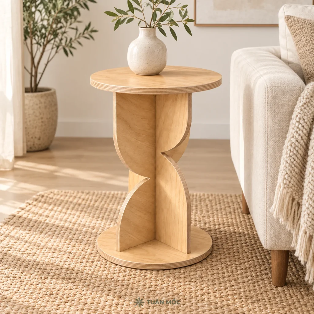 Bàn decor màu Sồi đặt cạnh sofa, có lọ hoa minh họa trên mặt bàn