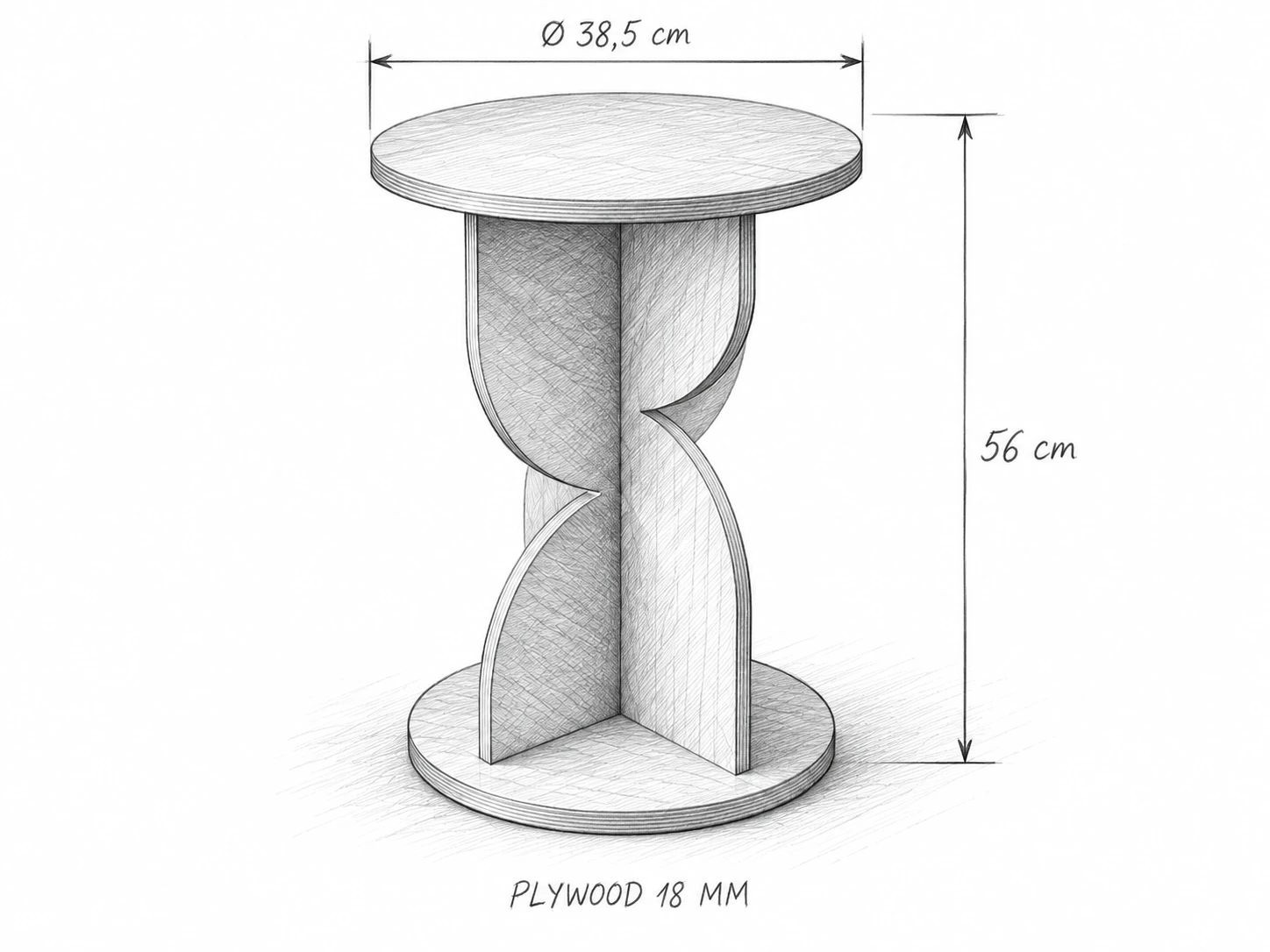Phác thảo bàn decor mặt tròn đường kính 38,5 cm, cao 56 cm