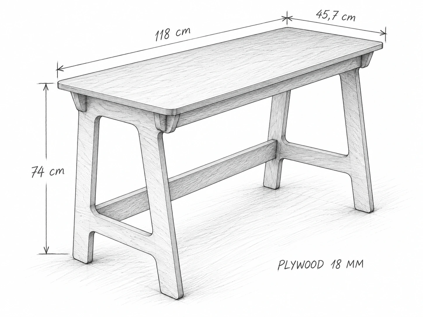 Phác thảo bút chì bàn học gỗ chân chữ A, ngang 118 cm, sâu 45,7 cm, cao 74 cm