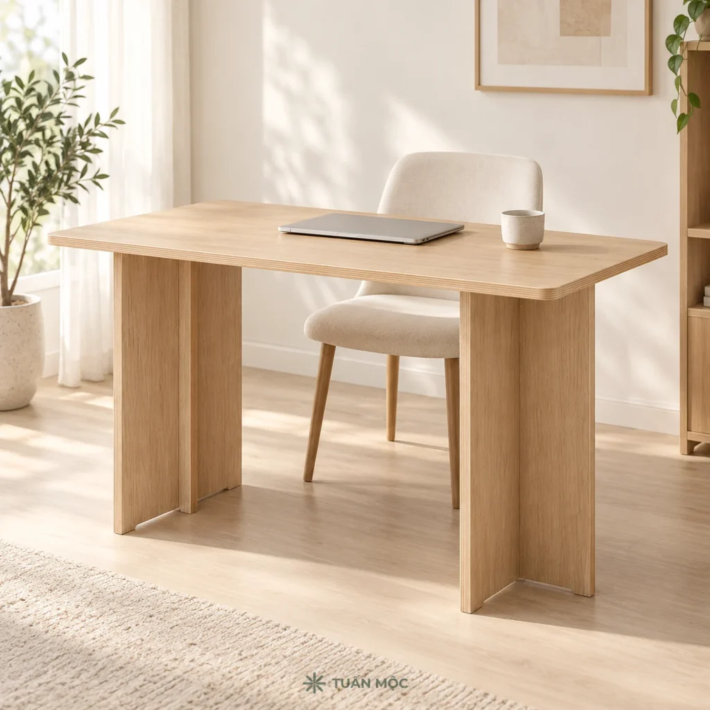 Bàn làm việc gỗ Plywood đặt trong góc phòng sáng