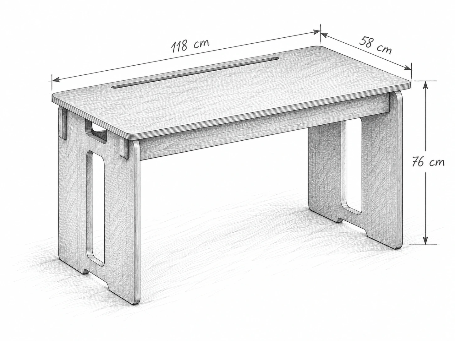 Phác thảo bàn máy tính 118 × 58 × 76 cm, mặt bo góc có khe luồn dây