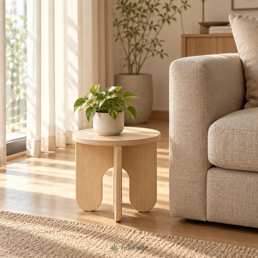 Bàn phụ tròn mini đặt cạnh sofa trong phòng khách