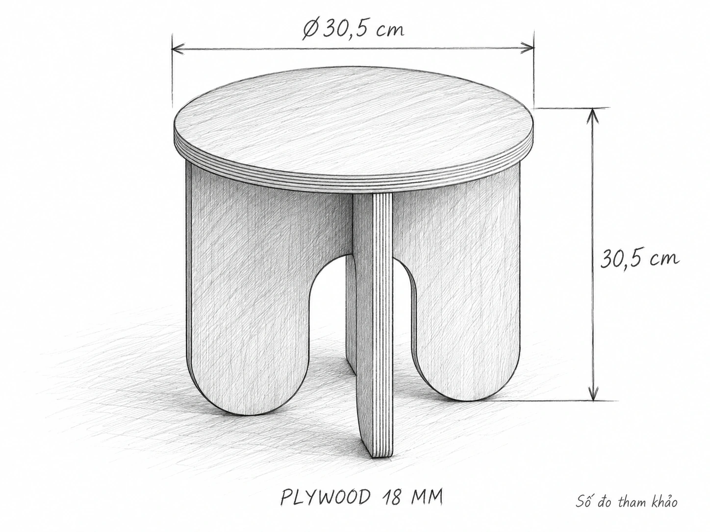 Phác thảo bút chì bàn phụ tròn mini, đường kính và chiều cao tham khảo 30,5 cm