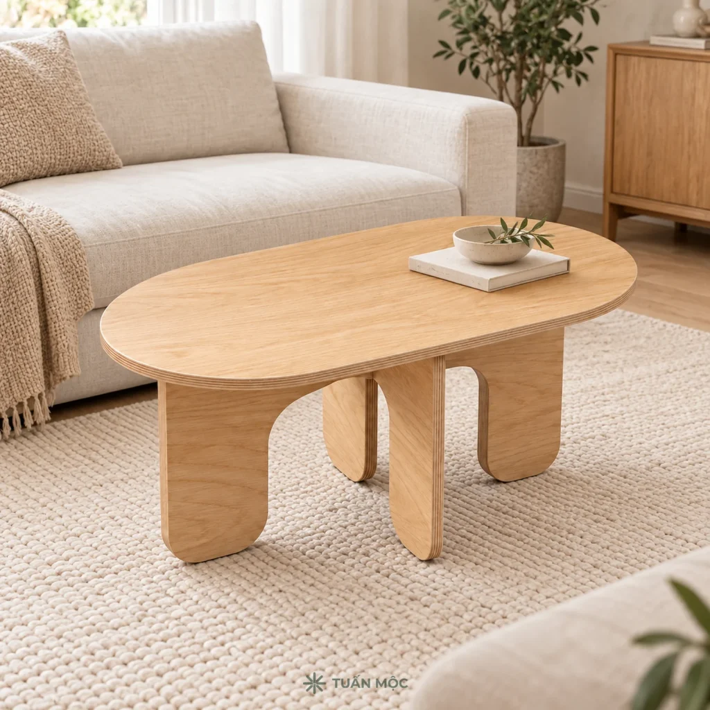 Bàn trà gỗ oval màu Sồi đặt trước sofa trong phòng khách, sách và khay chỉ để minh họa