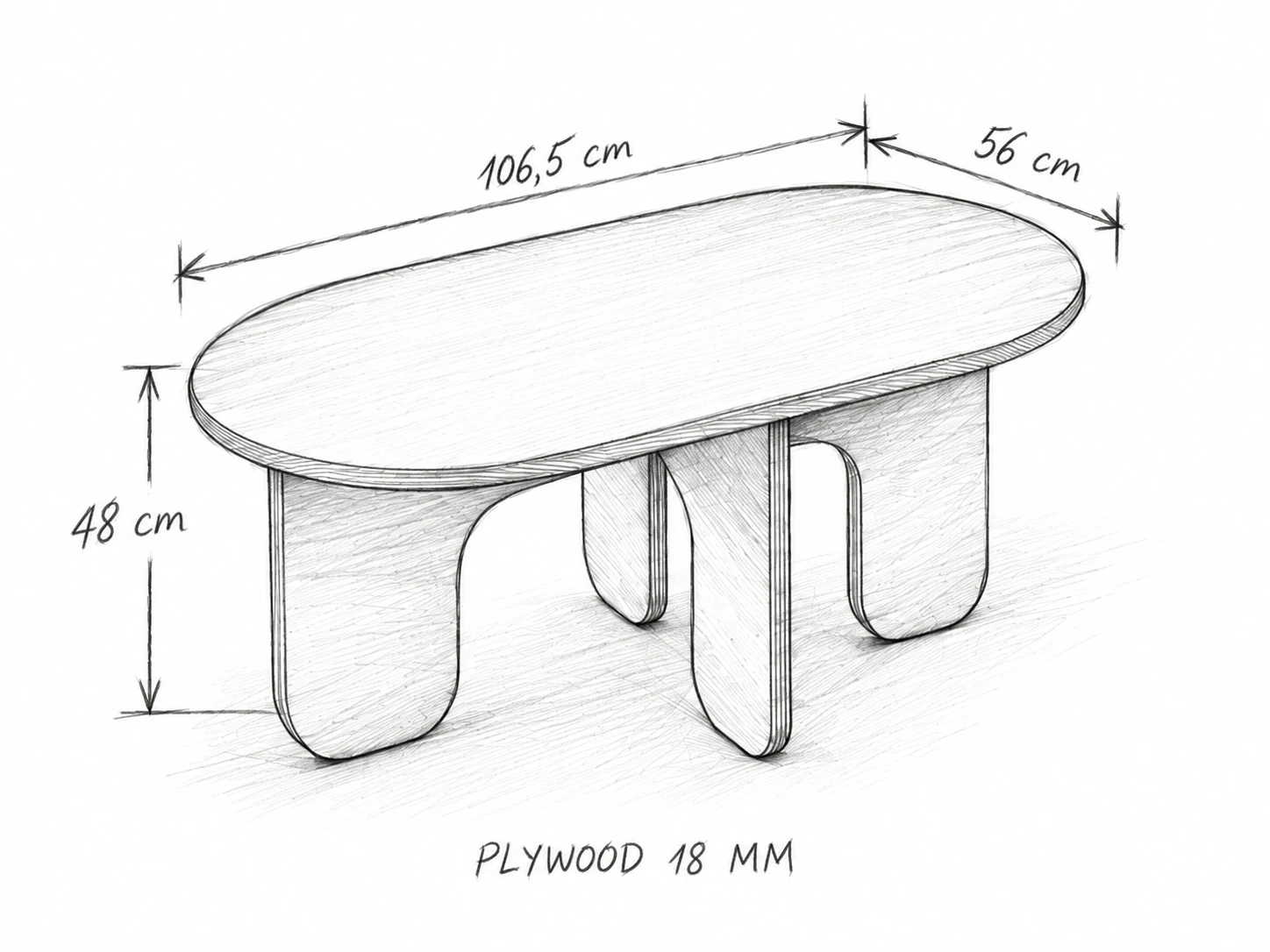 Phác họa bút chì bàn trà gỗ oval, dài 106,5 cm, sâu 56 cm, cao 48 cm, Plywood 18 mm