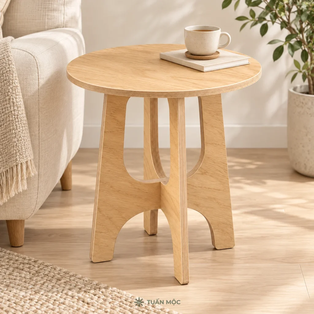Bàn trà nhỏ màu Sồi đặt cạnh sofa với cốc và sách minh họa