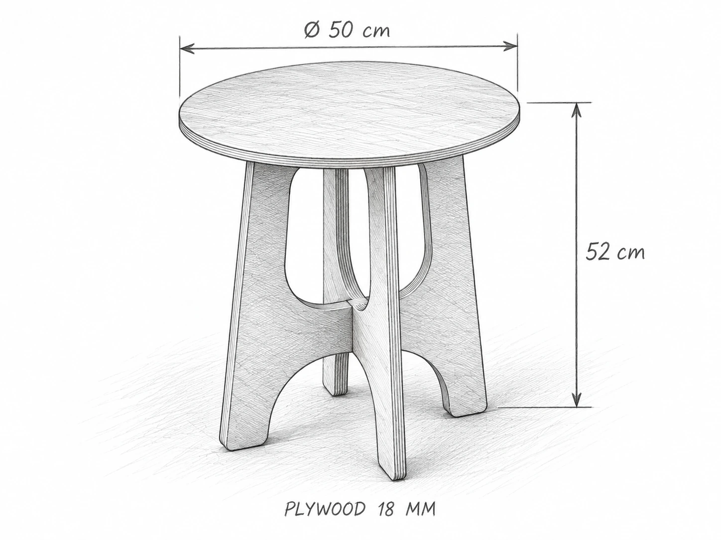 Phác thảo bàn trà nhỏ mặt tròn đường kính 50 cm, cao 52 cm