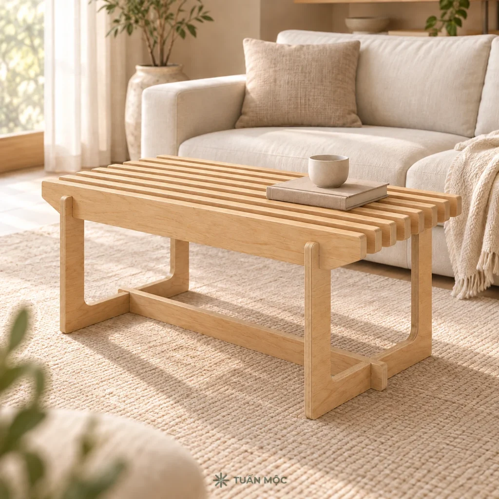 Bàn trà phòng khách mặt nan màu Sồi đặt trước sofa, ly và sách chỉ để minh họa