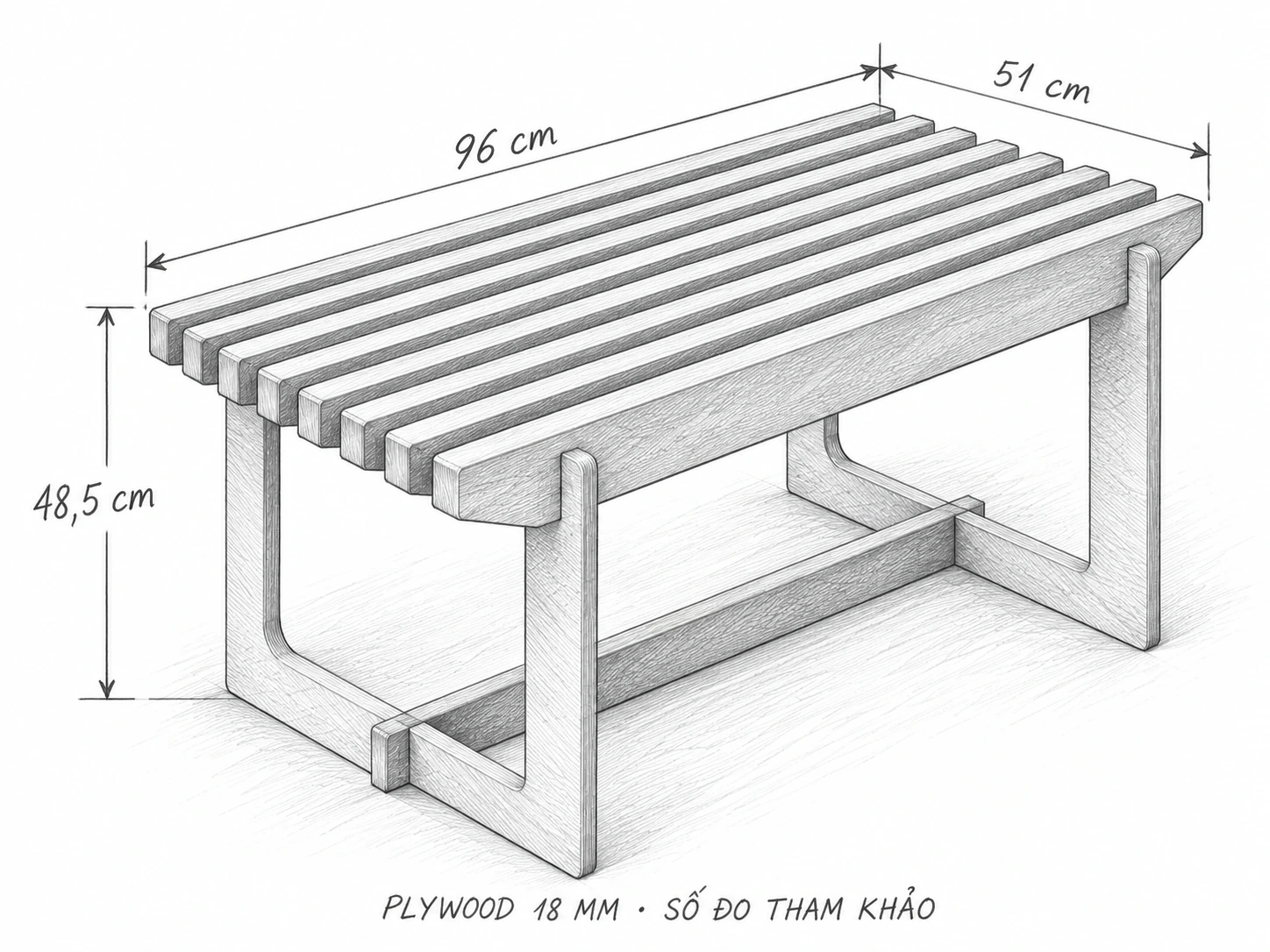 Phác thảo bàn trà phòng khách mặt nan, cỡ tham khảo 96 × 51 × 48,5 cm
