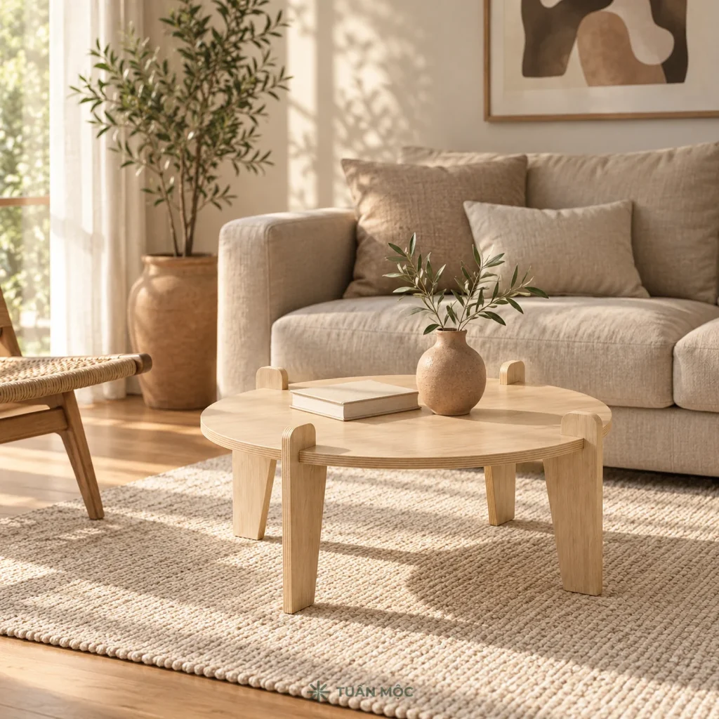 Bàn trà tròn một tầng đặt trước sofa