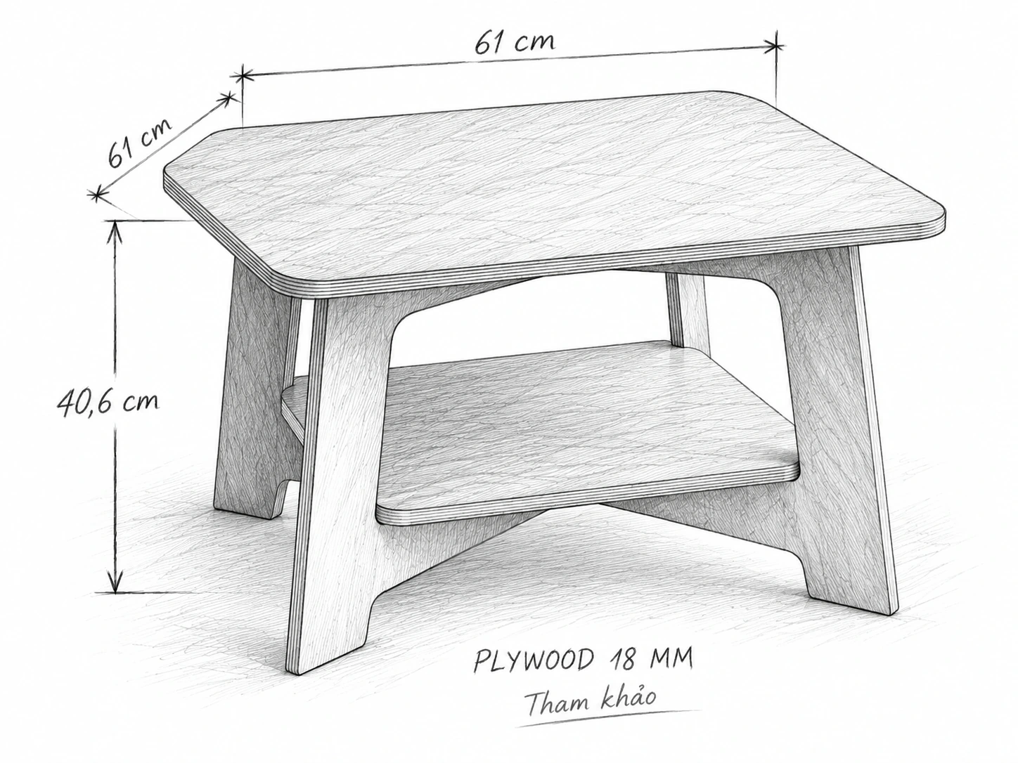 Phác thảo bàn trà vuông 2 tầng cỡ tham khảo 61 × 61 × 40,6 cm