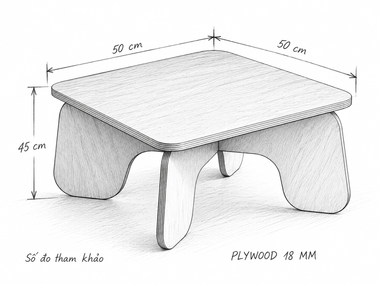 Phác thảo bút chì bàn trà vuông, số đo tham khảo 50 × 50 × 45 cm