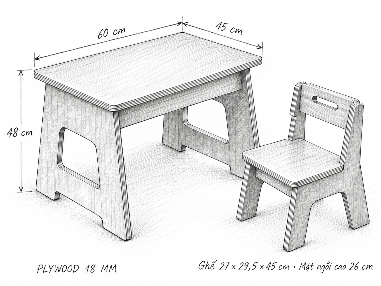 Phác thảo bộ bàn ghế trẻ em, bàn 60 × 45 × 48 cm và ghế mặt ngồi cao 26 cm