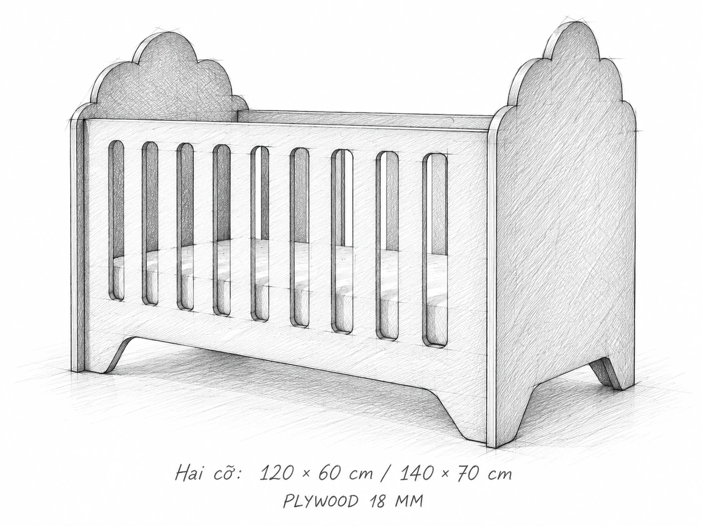 Phác thảo cũi gỗ cho bé đầu hình mây, hai cỡ 120 × 60 cm và 140 × 70 cm