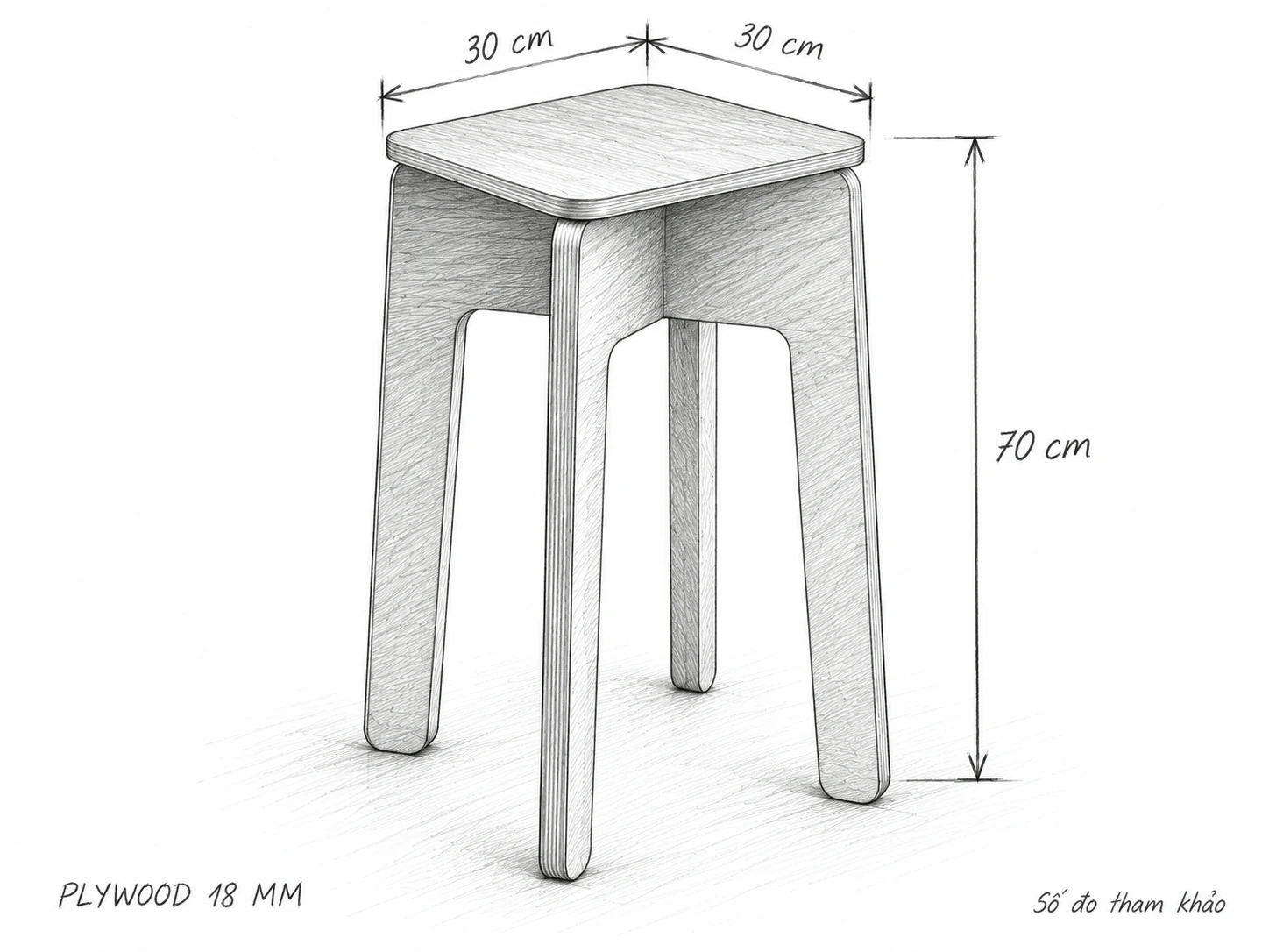 Phác thảo bút chì đôn trưng bày, số đo tham khảo mặt 30 × 30 cm và cao 70 cm