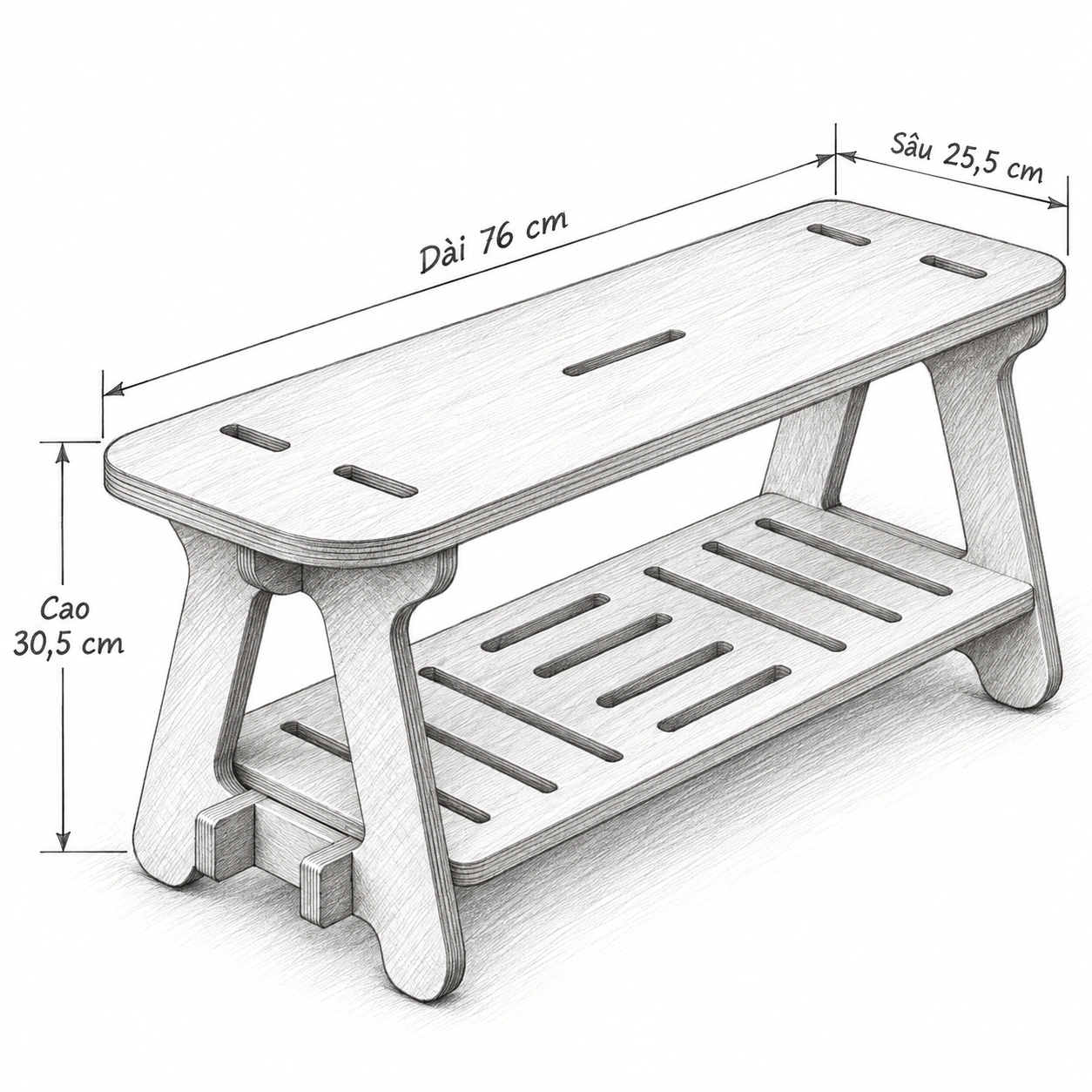 Phác thảo bút chì ghế băng có kệ giày dài 76 cm, sâu 25,5 cm, cao 30,5 cm