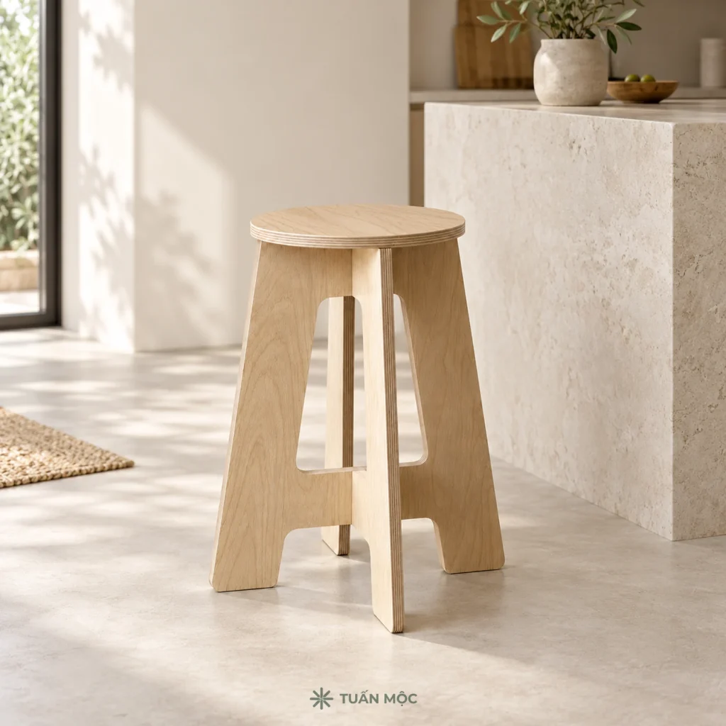 Ghế đôn cao chân chữ A Plywood đặt cạnh quầy trong nhà