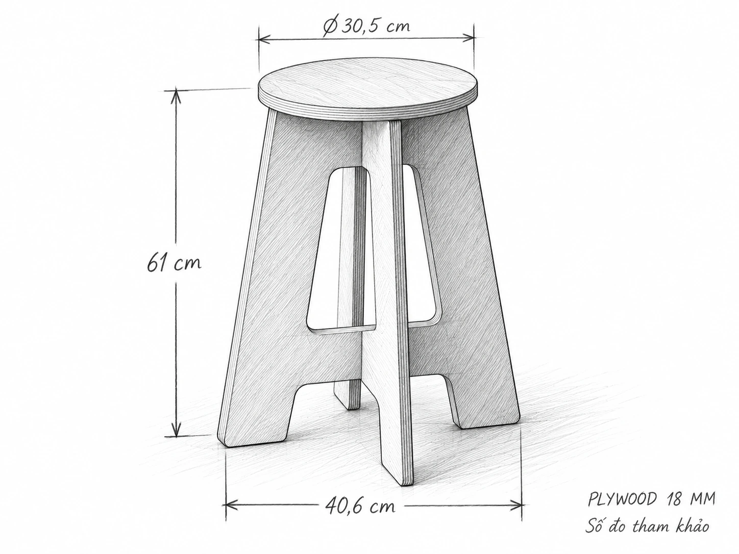Phác thảo bút chì ghế đôn cao chân chữ A, mặt đường kính 30,5 cm, cao tham khảo 61 cm
