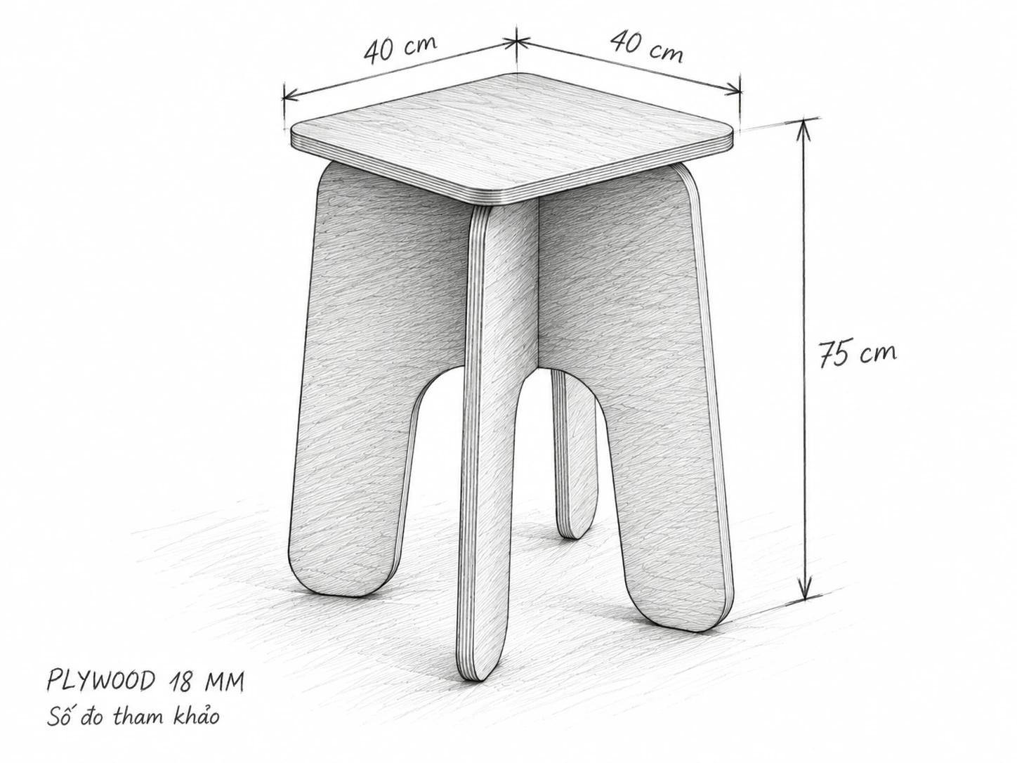 Phác thảo bút chì ghế đôn cao mặt vuông, số đo tham khảo 40 × 40 × 75 cm
