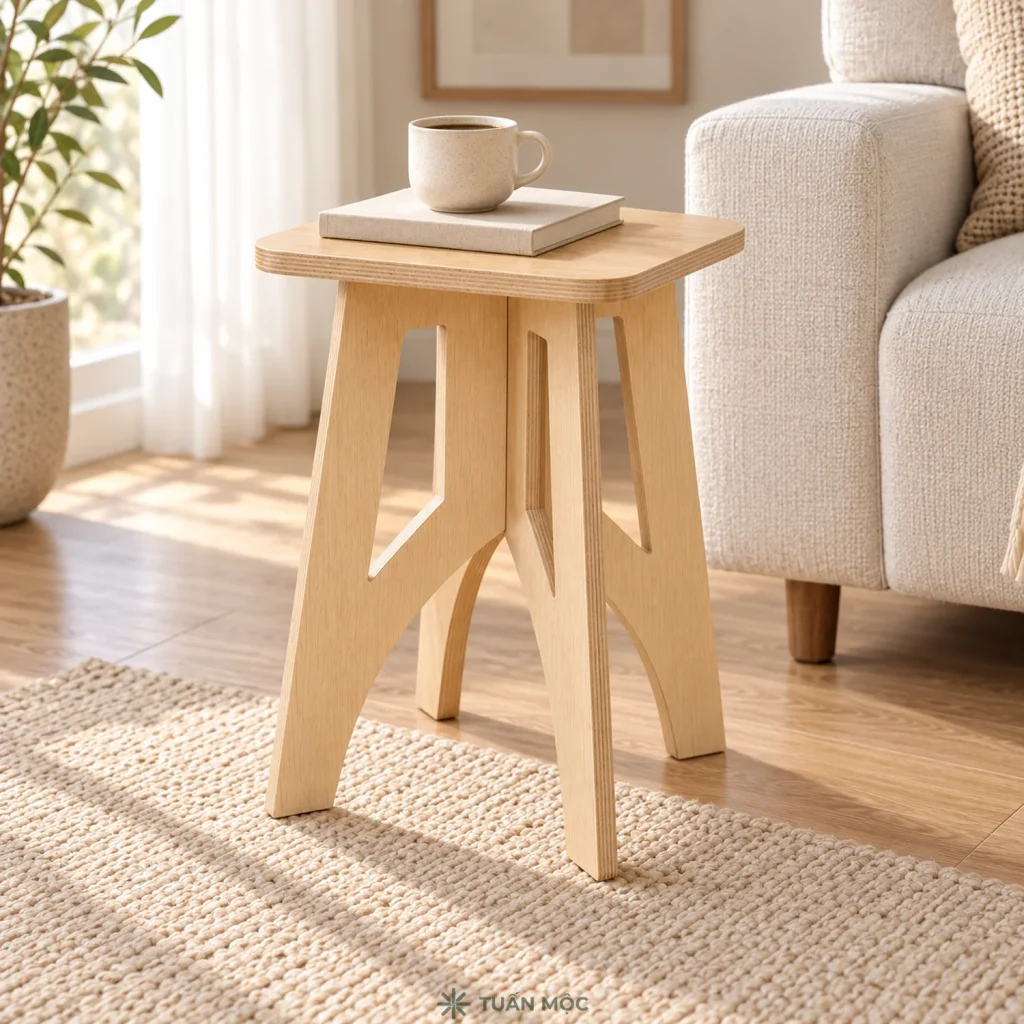 Ghế đôn kê chân – ghế đôn màu Sồi đặt cạnh sofa trong phối cảnh phòng khách