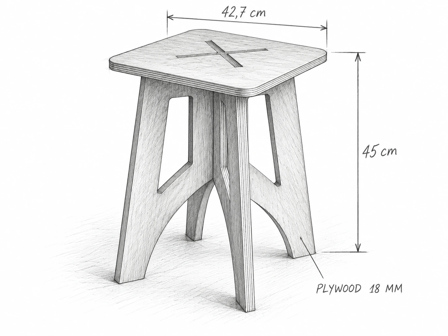 Phác thảo bút chì ghế đôn kê chân, ngang 42,7 cm, cao 45 cm