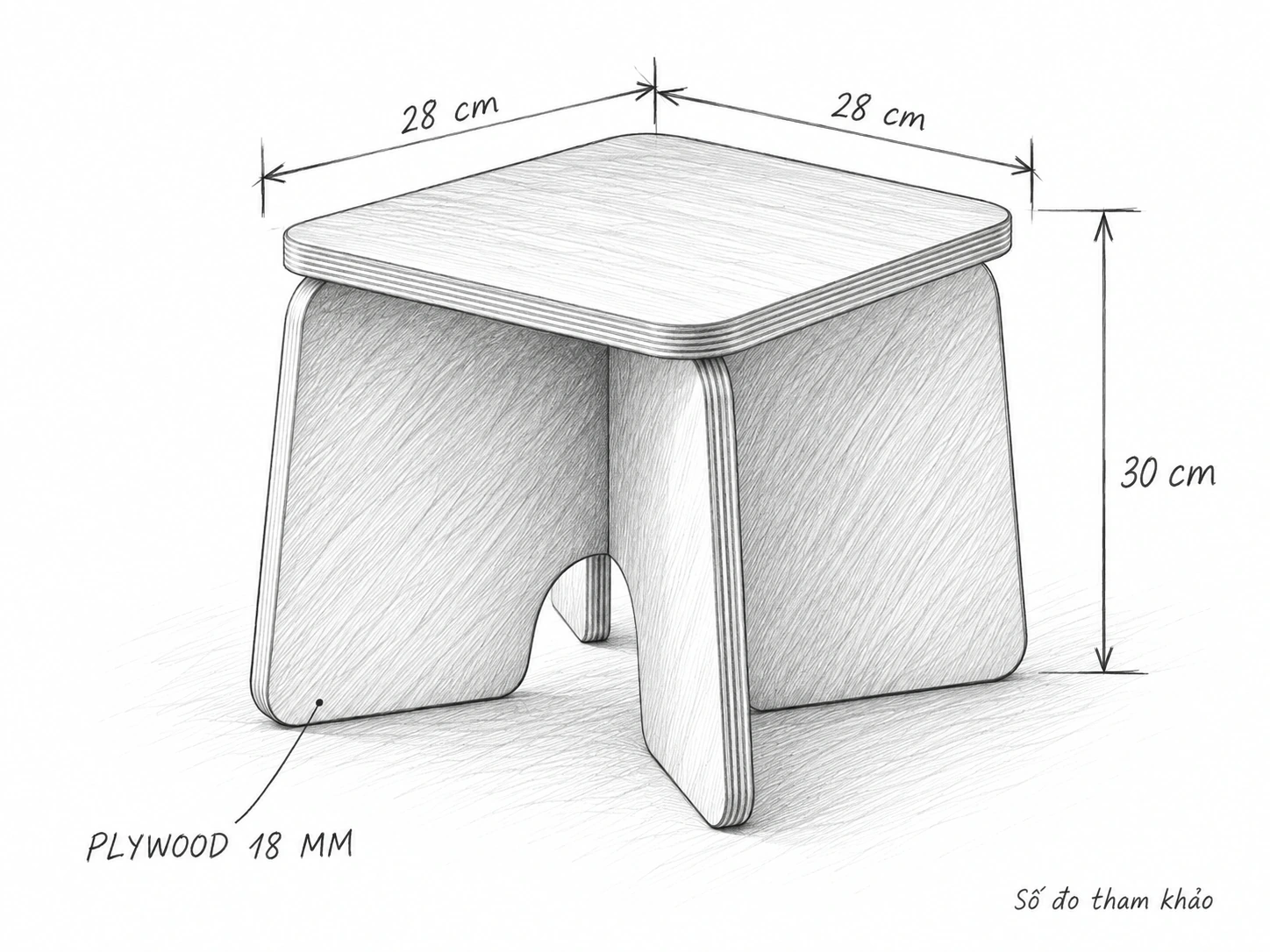 Phác thảo bút chì ghế đôn thấp mặt vuông, số đo tham khảo 28 × 28 × 30 cm