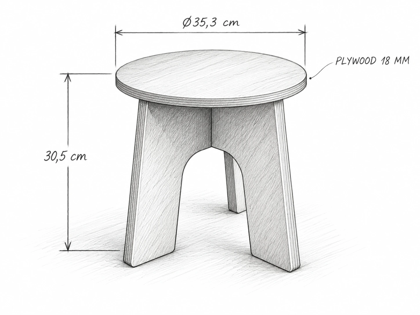 Phác thảo bút chì ghế đôn trẻ em, mặt tròn đường kính 35,3 cm, cao 30,5 cm