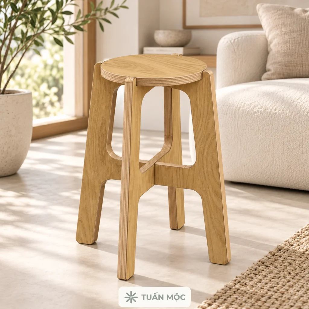 Ghế đôn tròn màu Sồi đặt cạnh sofa