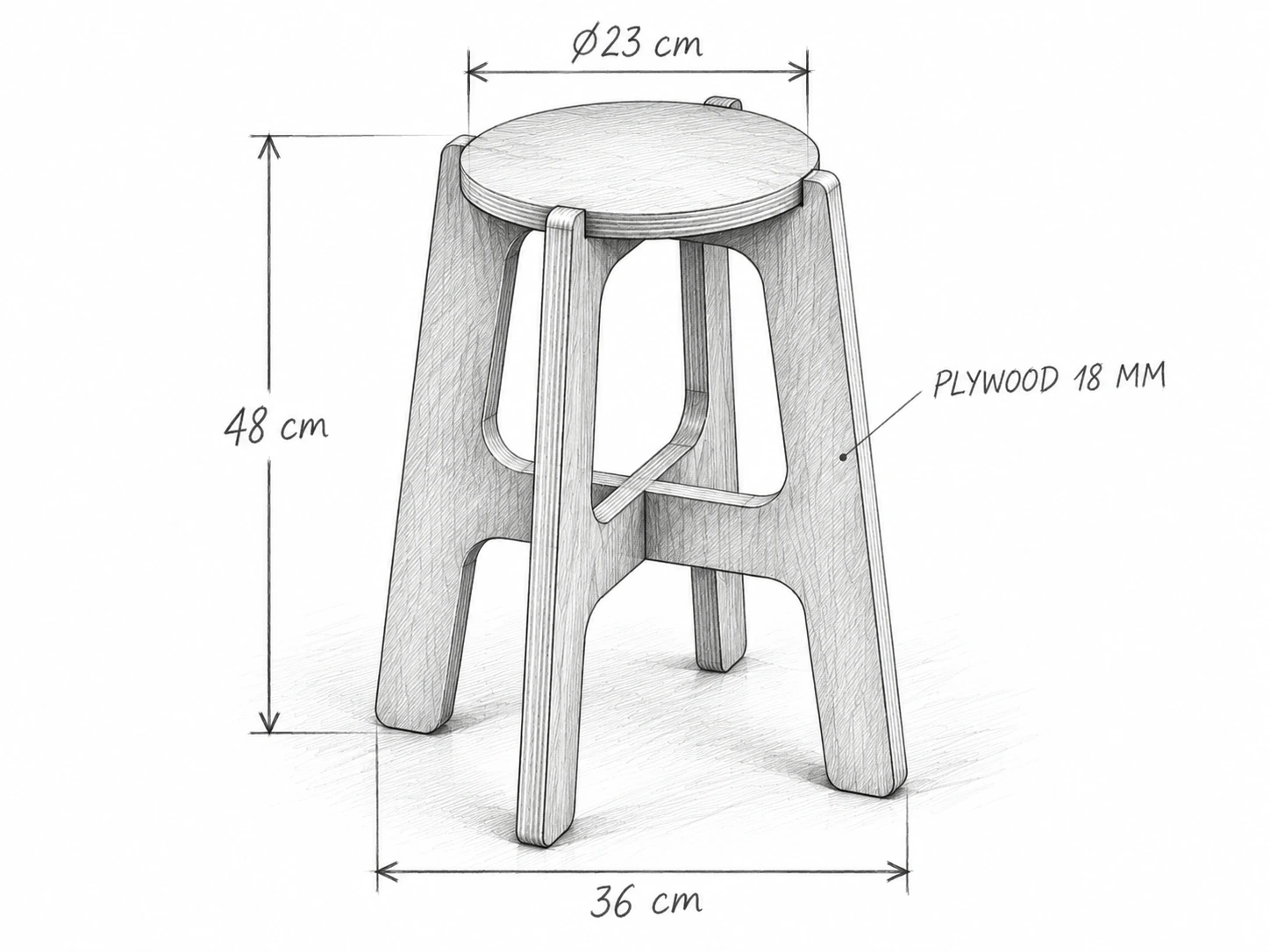Phác thảo bút chì ghế đôn tròn, mặt ngồi đường kính 23 cm, phủ bì ngang 36 cm và cao 48 cm