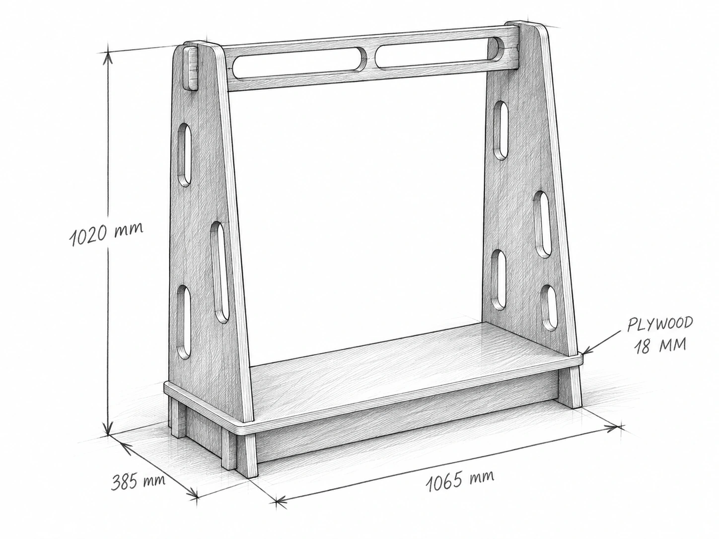 Phác thảo giá treo quần áo cho bé ngang 106,5 cm, sâu 38,5 cm, cao 102 cm