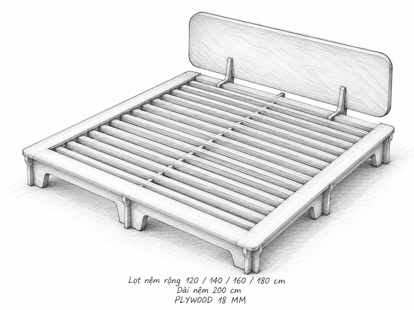 Phác thảo giường bệt kiểu Nhật, bốn cỡ lọt nệm rộng 120–180 cm, dài 200 cm