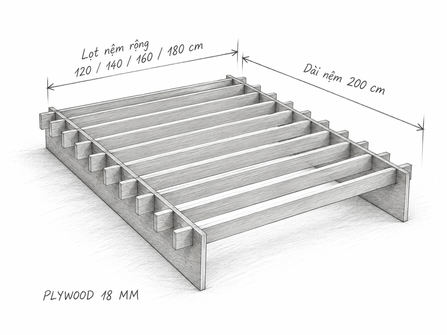 Phác thảo giường bệt nan ngang, bốn cỡ lọt nệm rộng 120–180 cm, dài 200 cm