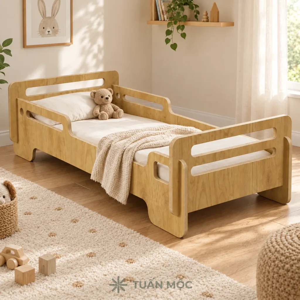 Giường gỗ trẻ em màu 388 đặt trong góc phòng