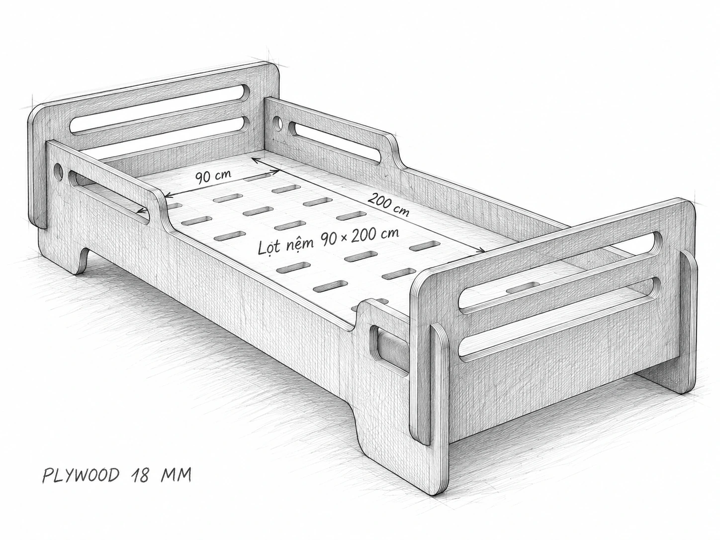 Phác thảo giường gỗ trẻ em, minh họa cỡ lọt nệm 90 × 200 cm