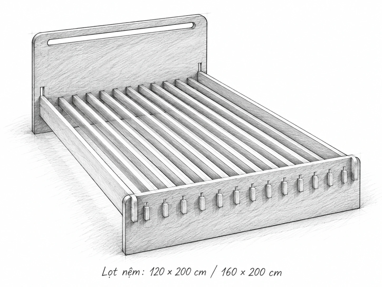 Phác thảo giường ngủ hiện đại, hai cỡ lọt nệm 120 × 200 cm và 160 × 200 cm