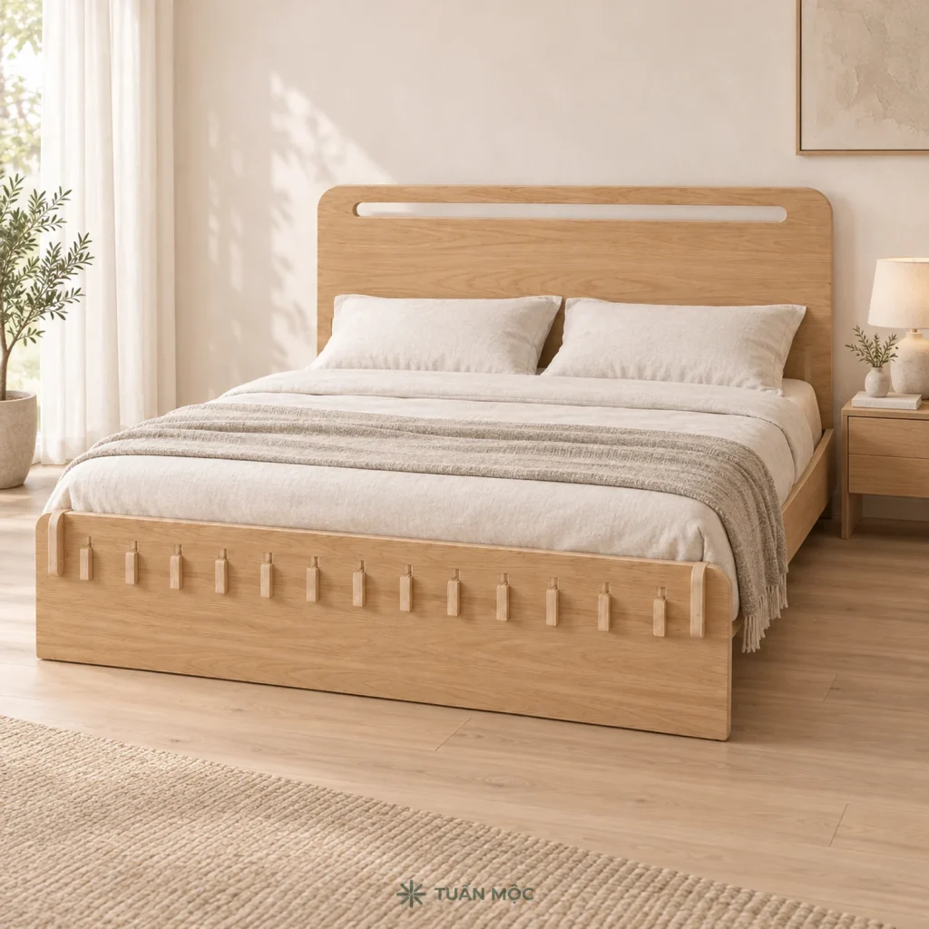 Giường ngủ hiện đại màu Sồi trong phòng ngủ với nệm, chăn và gối minh họa