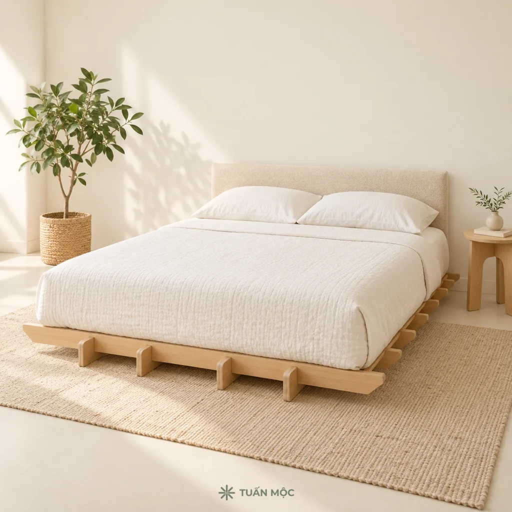 Giường nan gỗ thấp màu Sồi trong phòng ngủ, nệm và tựa bọc vải chỉ để minh họa