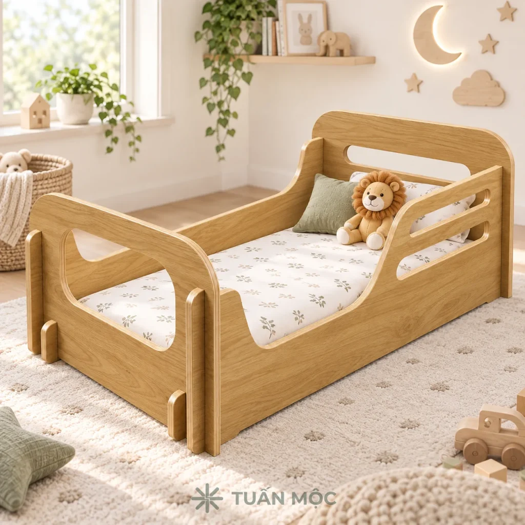Giường thấp cho bé màu 388 trong góc phòng, nệm dùng để minh họa