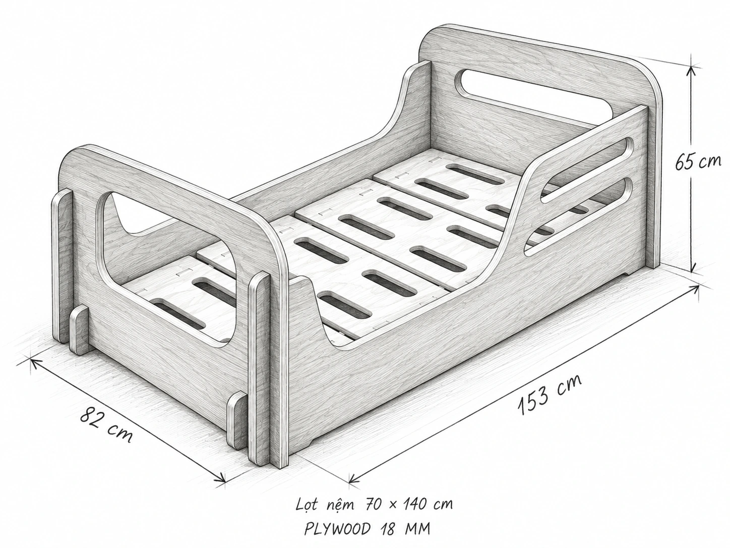 Phác thảo giường thấp cho bé phủ bì 153 × 82 × 65 cm, lọt nệm 70 × 140 cm