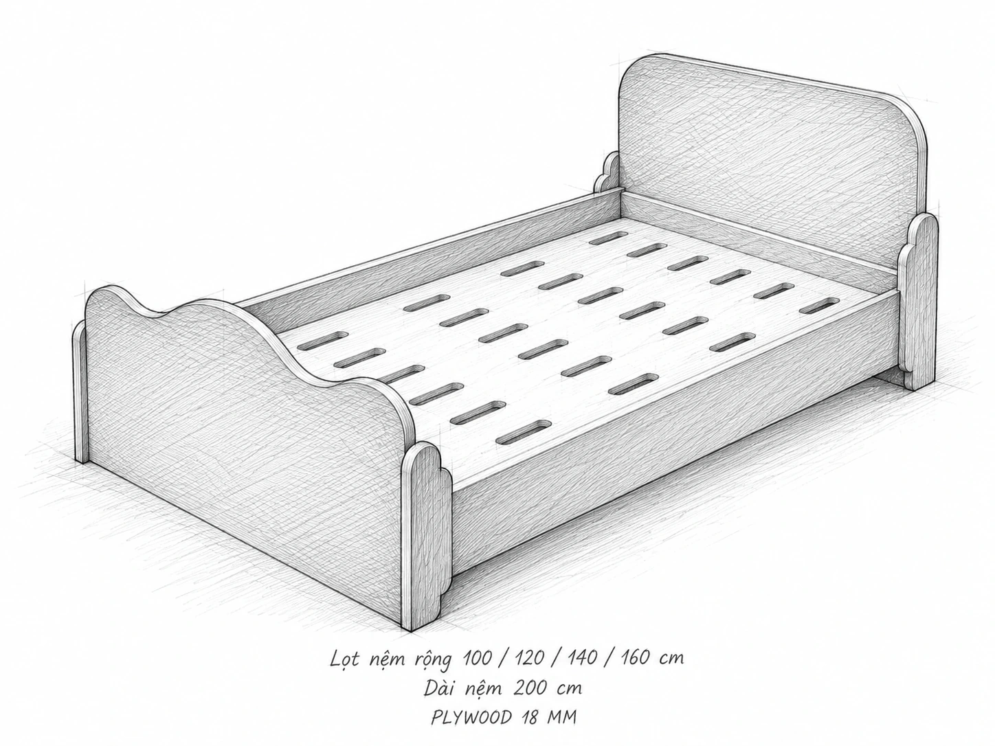 Phác thảo giường trẻ em lượn sóng, bốn cỡ lọt nệm rộng 100–160 cm, dài 200 cm