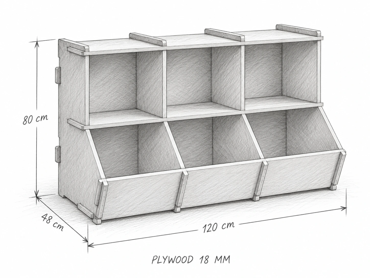 Phác thảo kệ đồ chơi 6 ô ngang 120 cm, sâu 48 cm, cao 80 cm