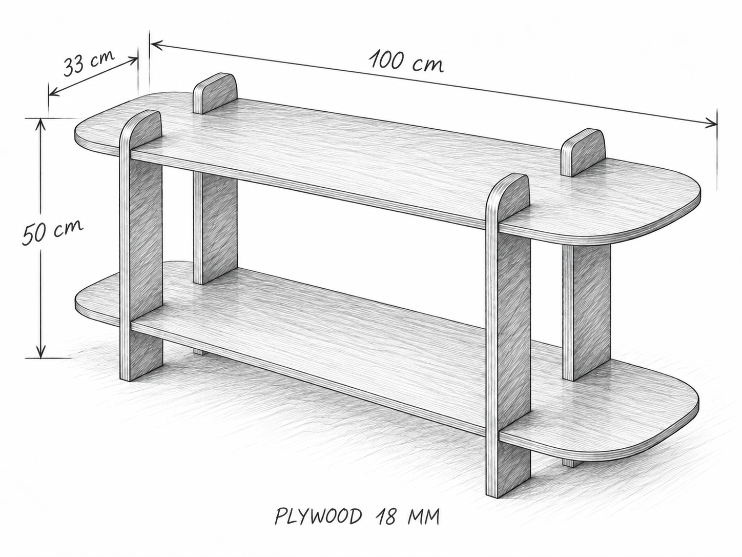 Phác thảo kệ gỗ 2 tầng có kích thước dài 100 cm, sâu 33 cm, cao 50 cm; Plywood 18 mm